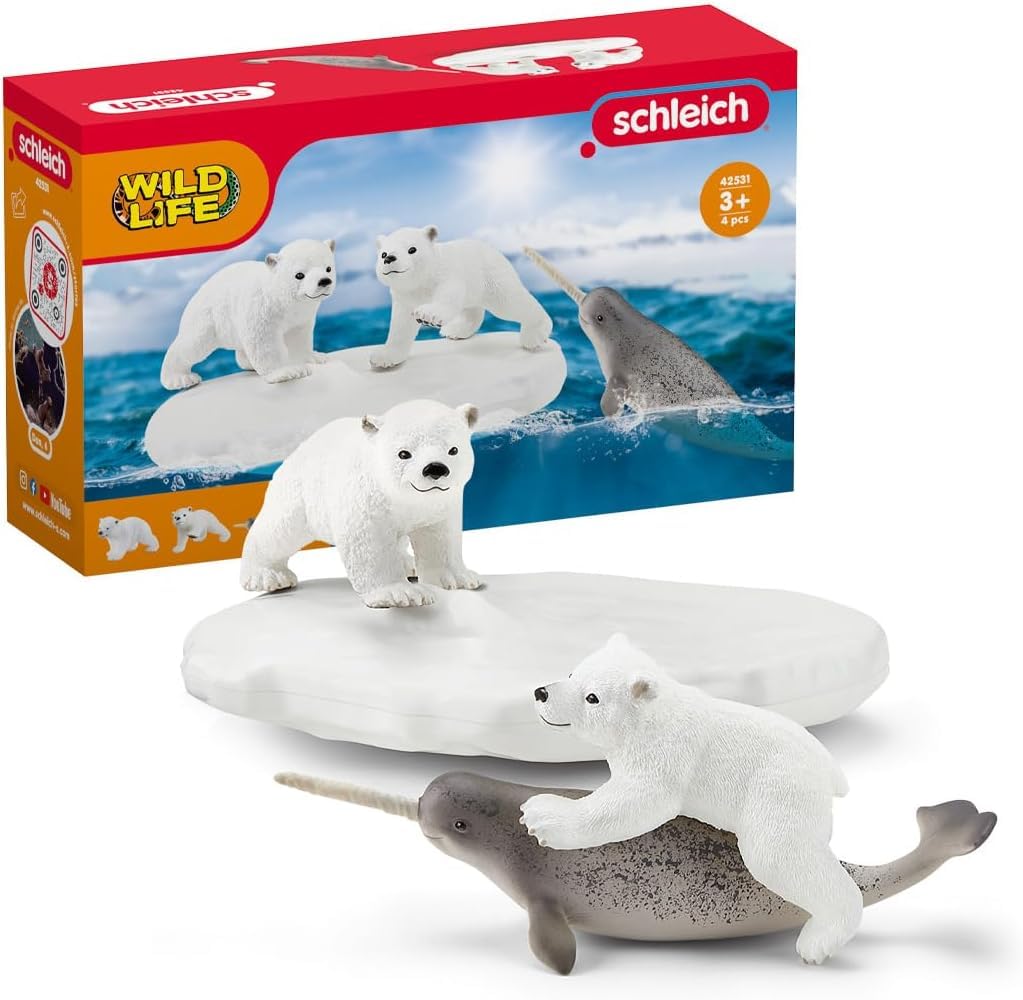 Schleich Wild Life Polar Playground — 4pc Polar Bear Cub & Narwhal Figures