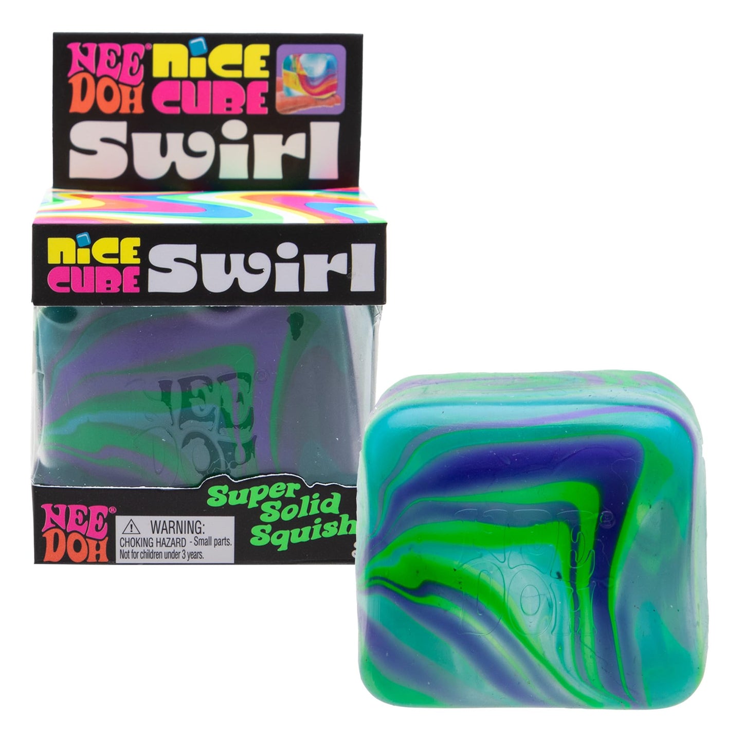 Schylling NeeDoh Nice Cube Swirl – Squeezable Sensory Cube, Blue-Green Swirl, 2.25 Inch Square, Ages 3 and Up
