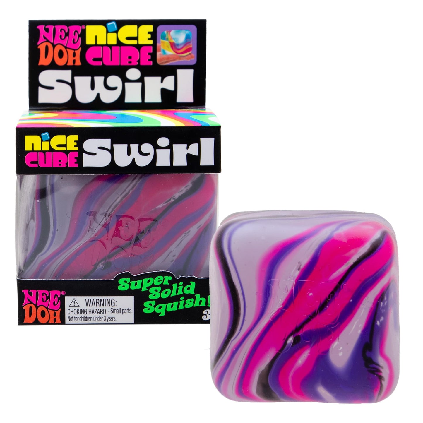Schylling NeeDoh Nice Cube Swirl – Sensory Fidget Cube (2.25-inch Square, Pink/White/Purple)