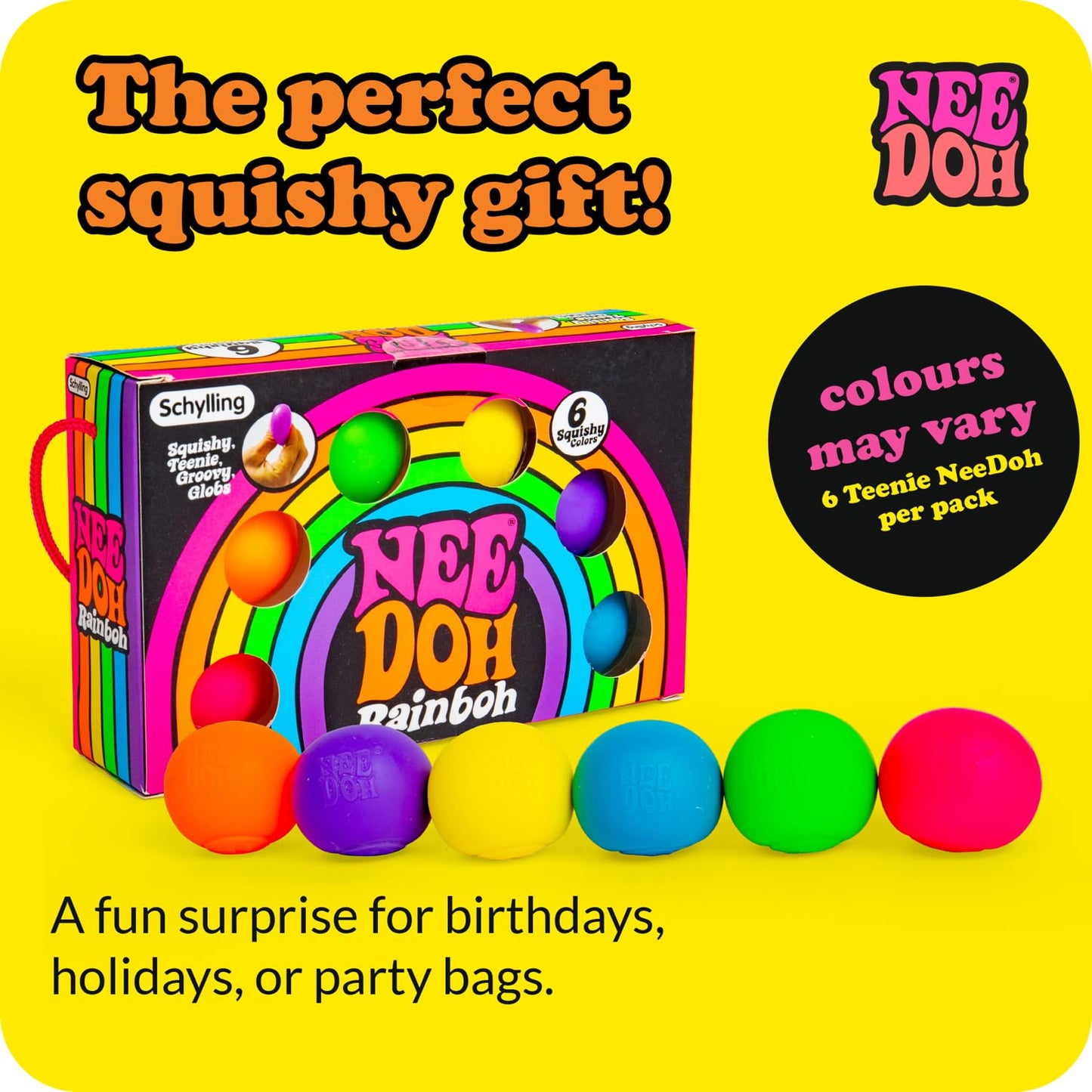 Schylling NeeDoh Rainboh Teenie – 6-Pack Sensory Squeeze Toys, 1.5in Wide, Multicolored