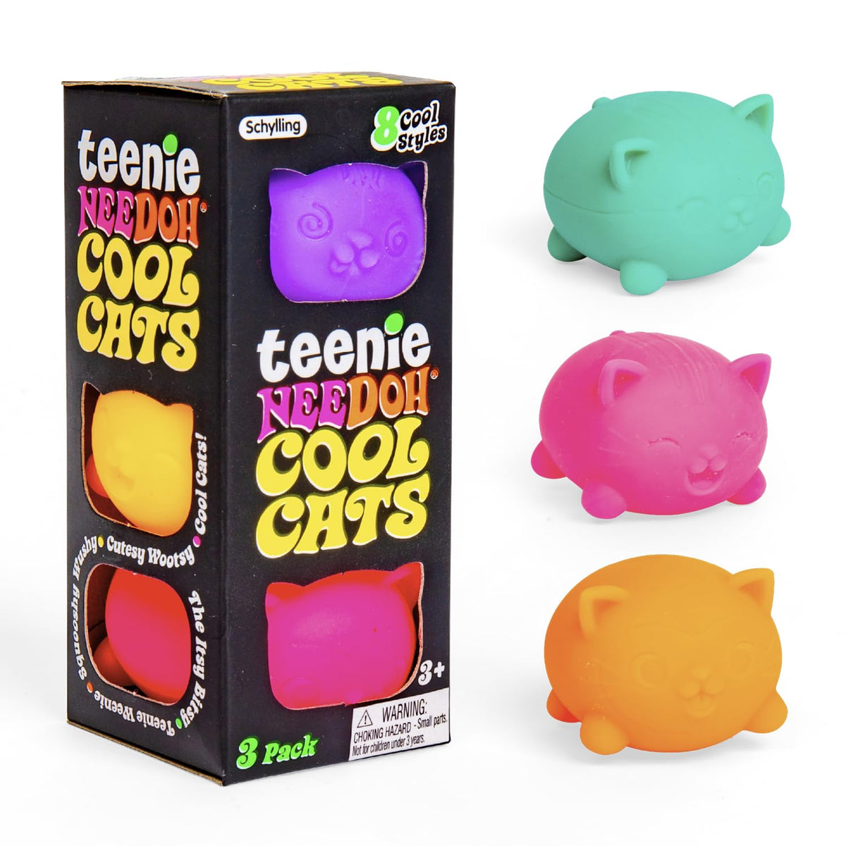 Schylling NeeDoh Teenie Cool Cat – Neon Squeeze Toy (3 Mini Globs)