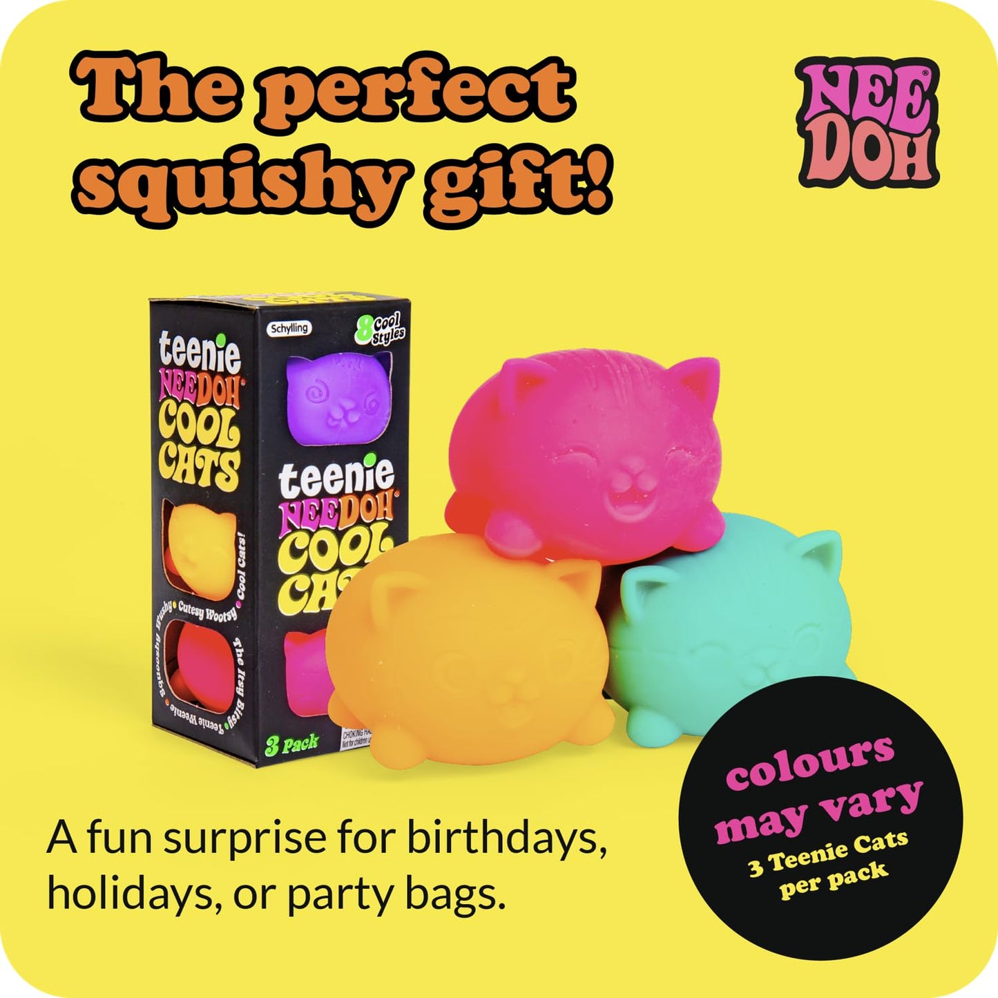 Schylling NeeDoh Teenie Cool Cat – Neon Squeeze Toy (3 Mini Globs)