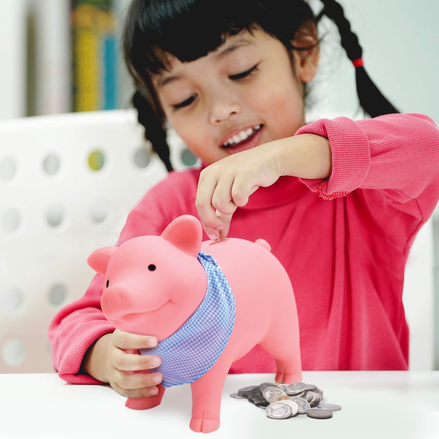 Schylling Rubber Piggy Bank Pink – 7.5-Inch Vinyl Coin Bank with Slot & Scarf