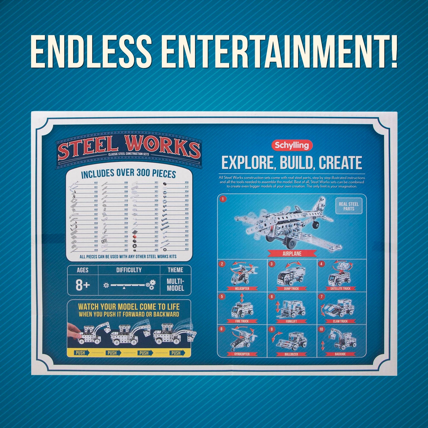 Schylling Steel Works Mechanical Multi-Model Set – 300 Pieces, 10 Models, Ages 8+