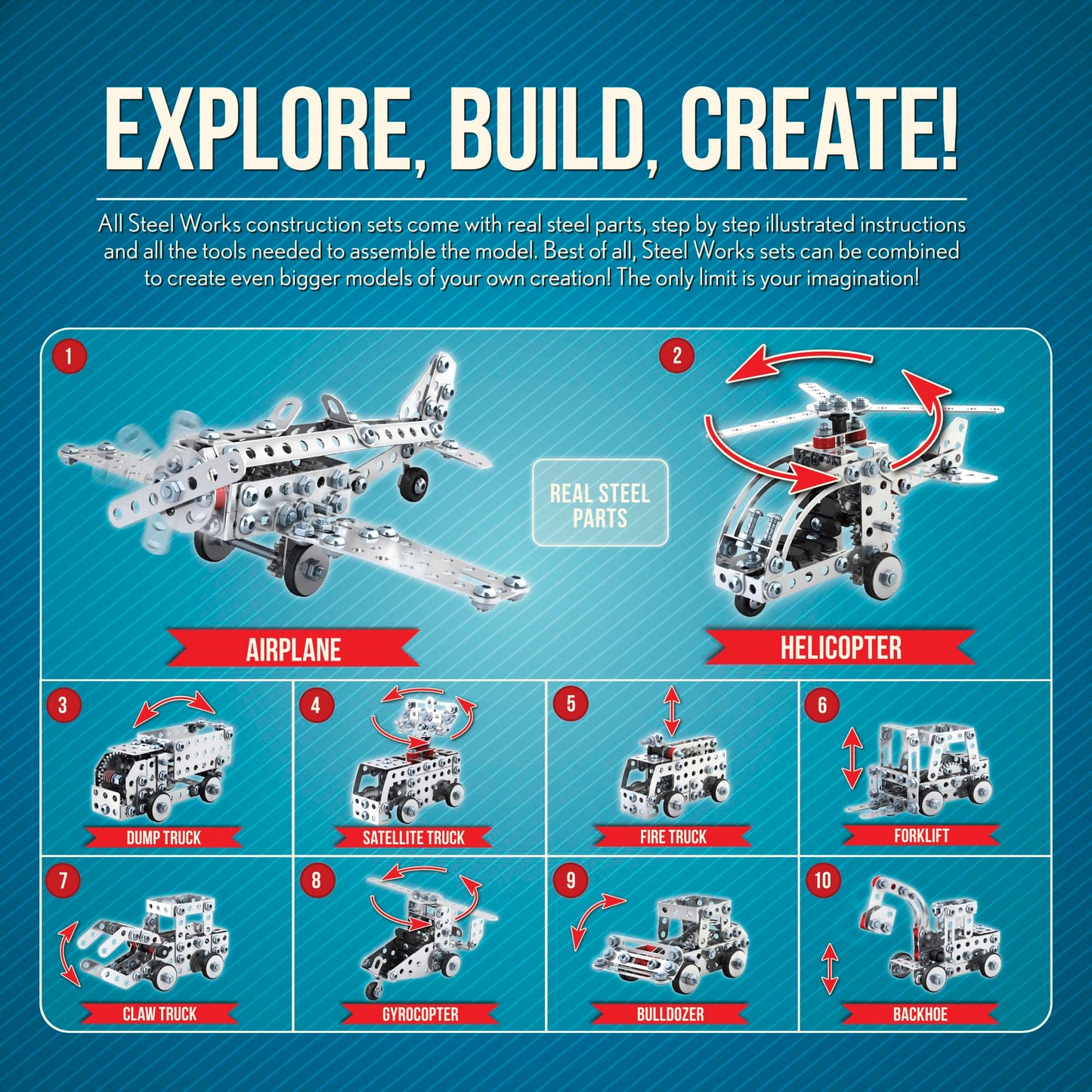 Schylling Steel Works Mechanical Multi-Model Set – 300 Pieces, 10 Models, Ages 8+