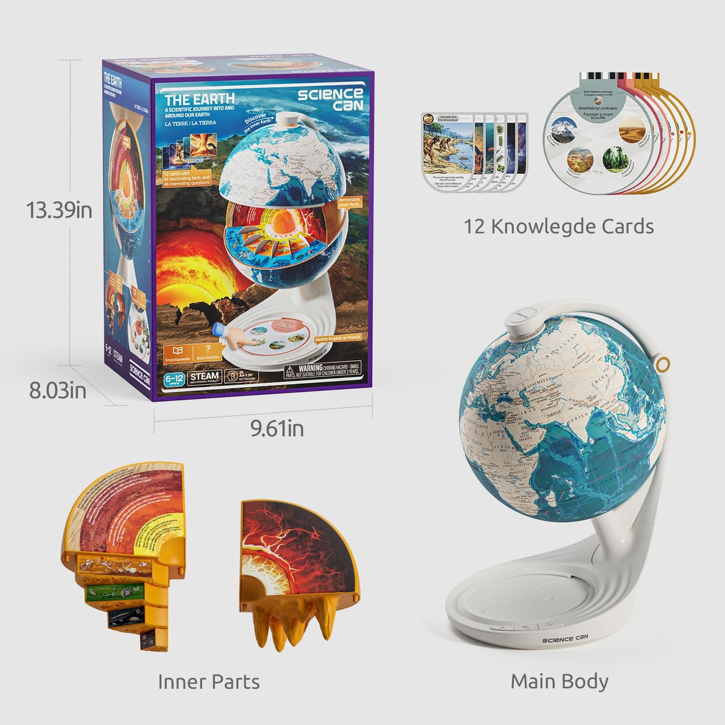 Science Can Openable Globe for Kids | 8-Inch Interactive Globe with Knowledge & Quiz Modes