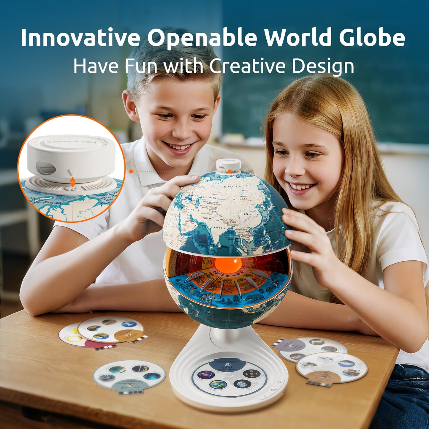 Science Can Openable Globe for Kids | 8-Inch Interactive Globe with Knowledge & Quiz Modes