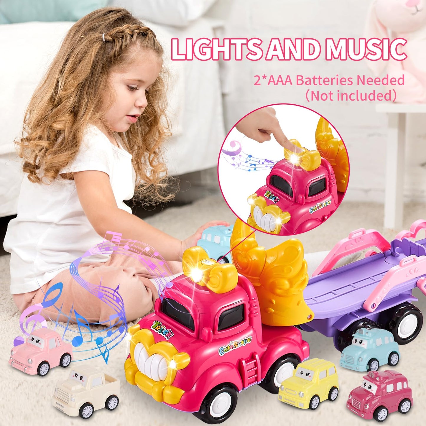 Sciencow 7-in-1 Pink Princess Toddler Cars Set – Foldable Transport Truck with Lights & Music