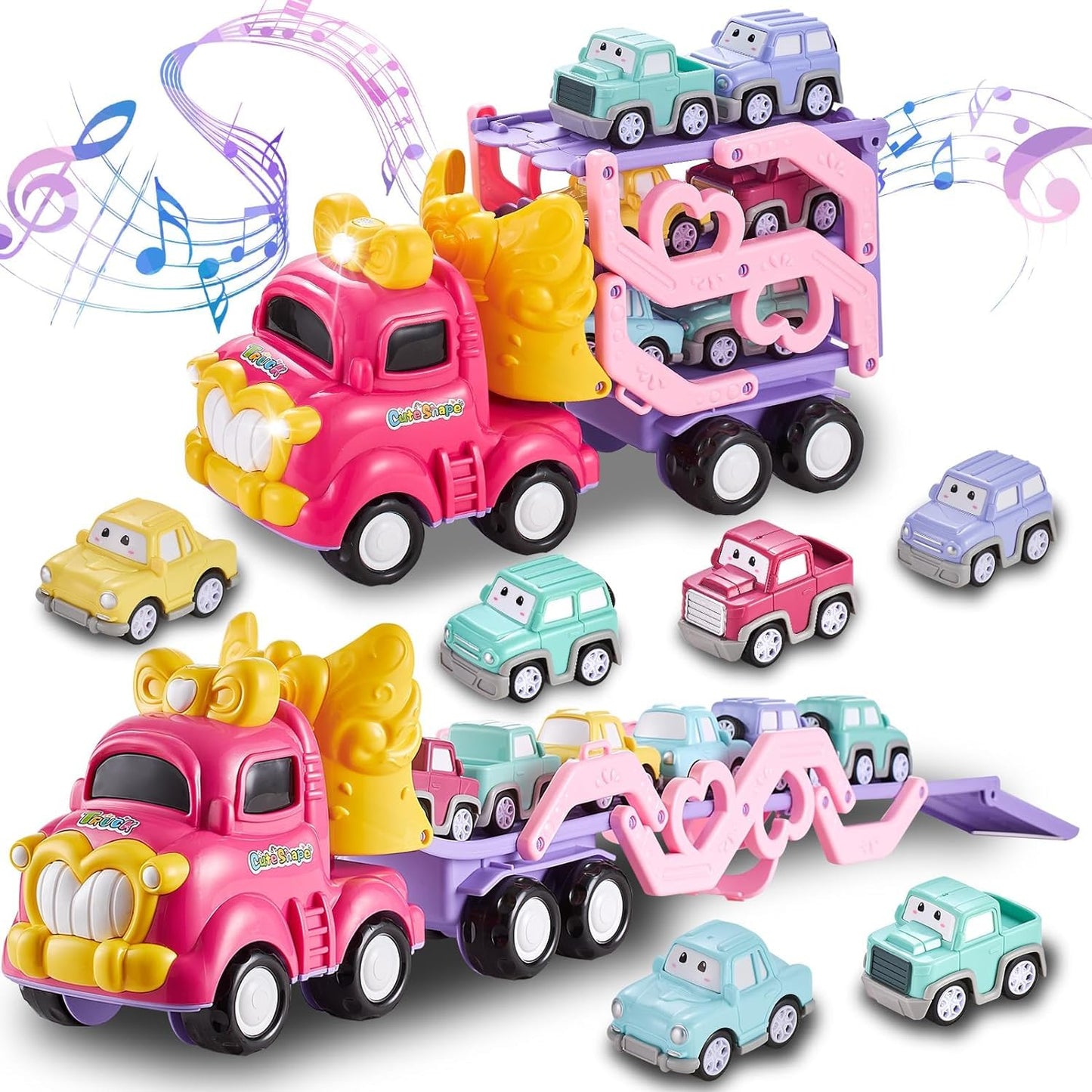 Sciencow 7-in-1 Pink Princess Toddler Cars Set – Foldable Transport Truck with Lights & Music