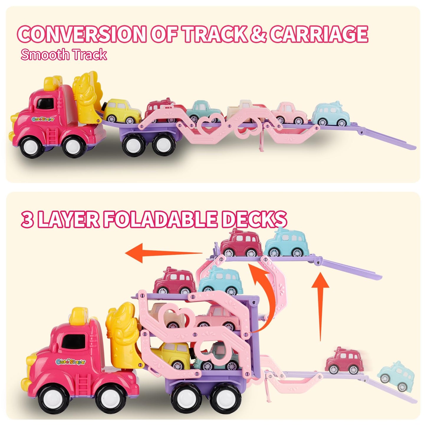 Sciencow 7-in-1 Pink Princess Toddler Cars Set – Foldable Transport Truck with Lights & Music