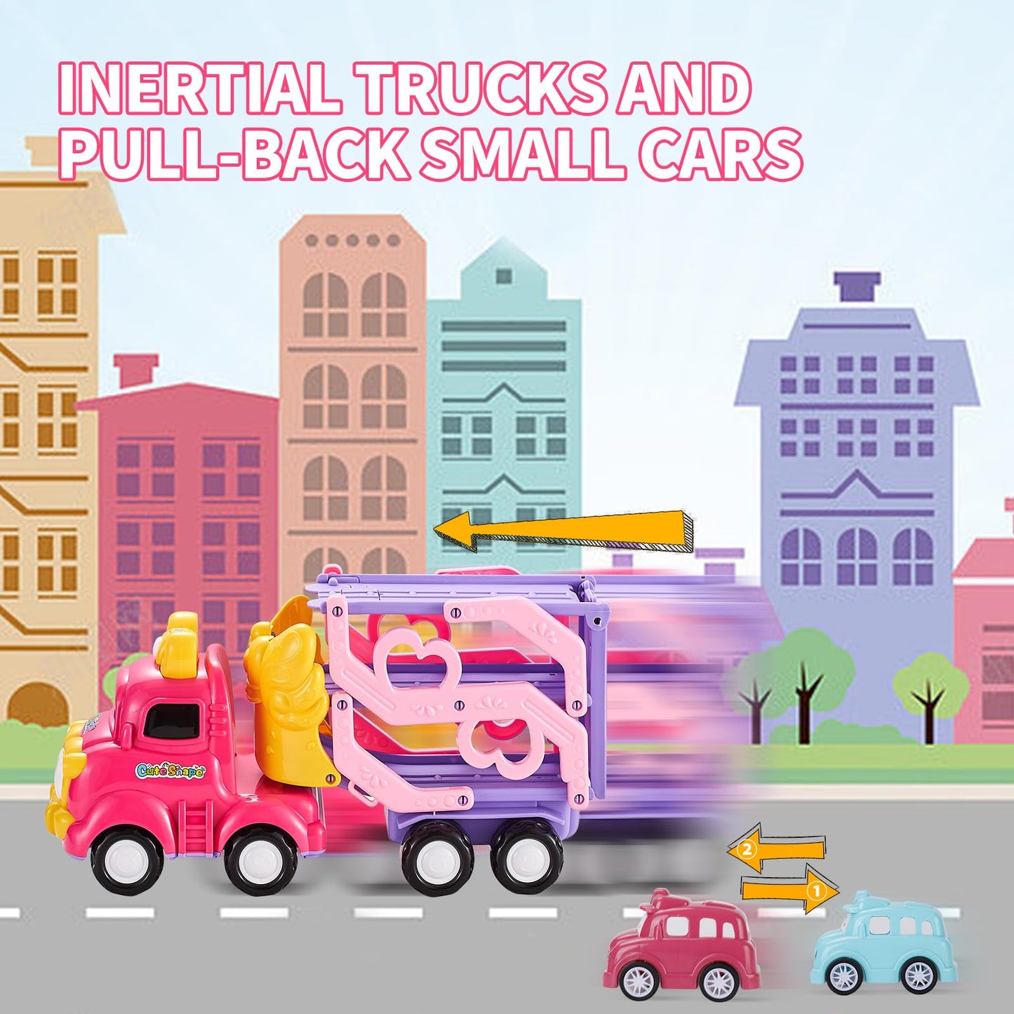 Sciencow 7-in-1 Pink Princess Toddler Cars Set – Foldable Transport Truck with Lights & Music