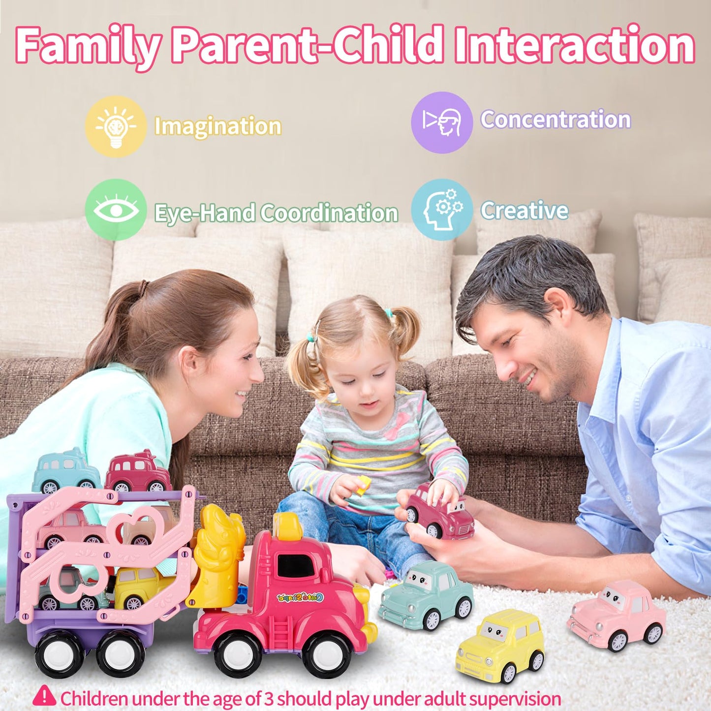 Sciencow 7-in-1 Pink Princess Toddler Cars Set – Foldable Transport Truck with Lights & Music