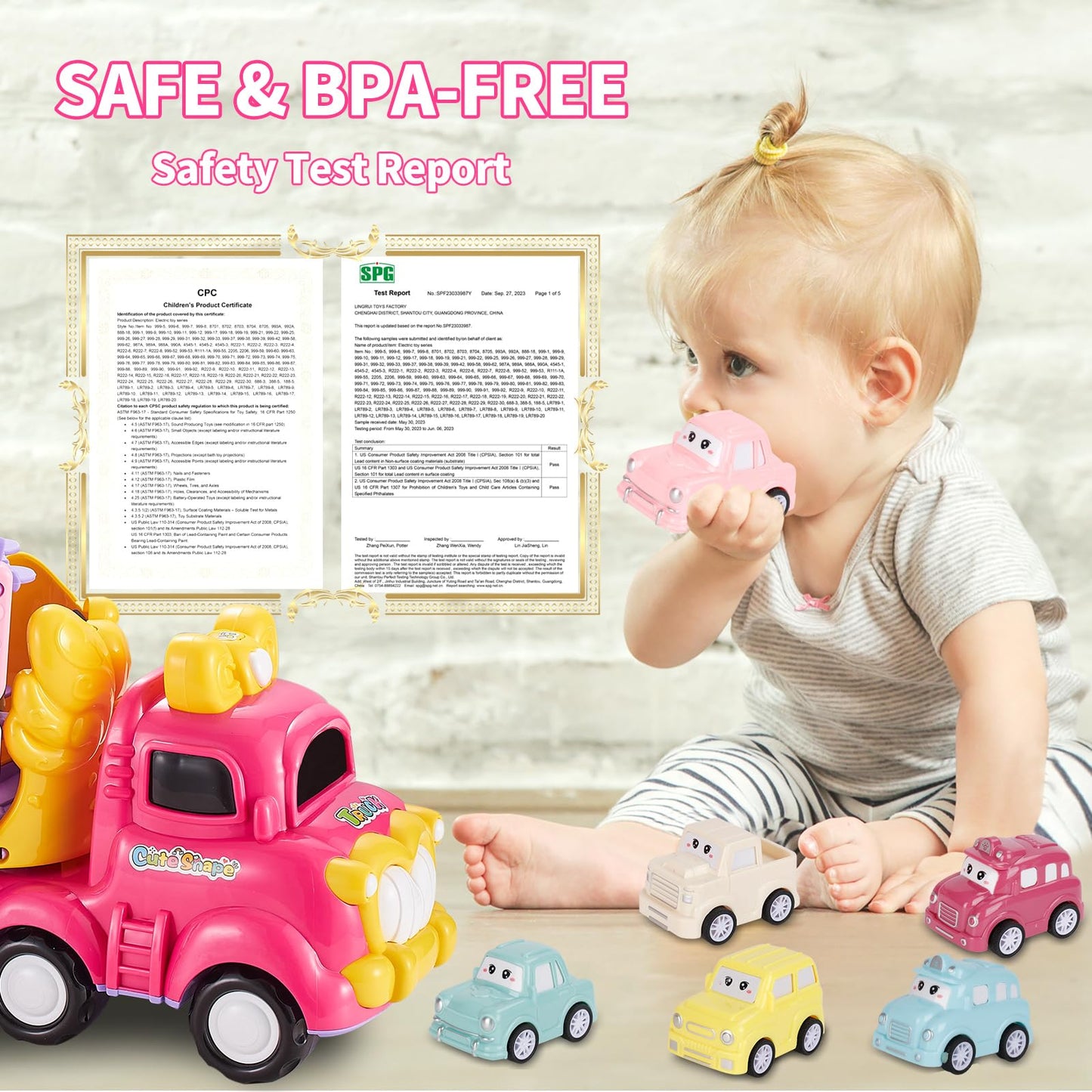 Sciencow 7-in-1 Pink Princess Toddler Cars Set – Foldable Transport Truck with Lights & Music