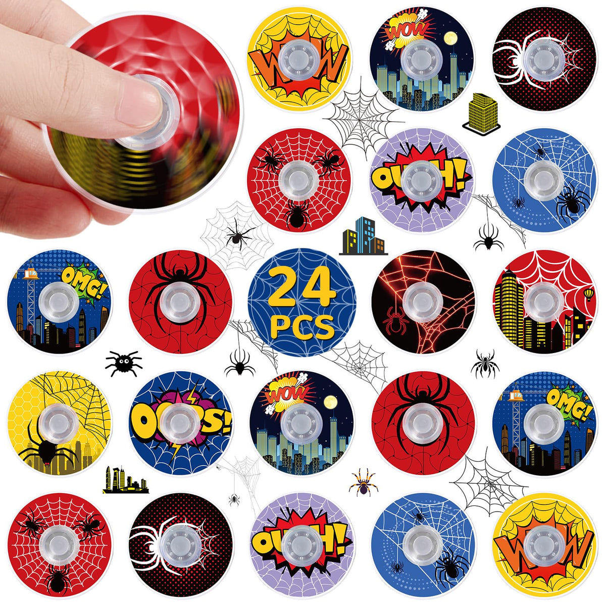 SCIONE 24-Pack Spider Theme Fidget Spinner Toys for Kids | Durable, Colorful Party Favors & Classroom Prizes