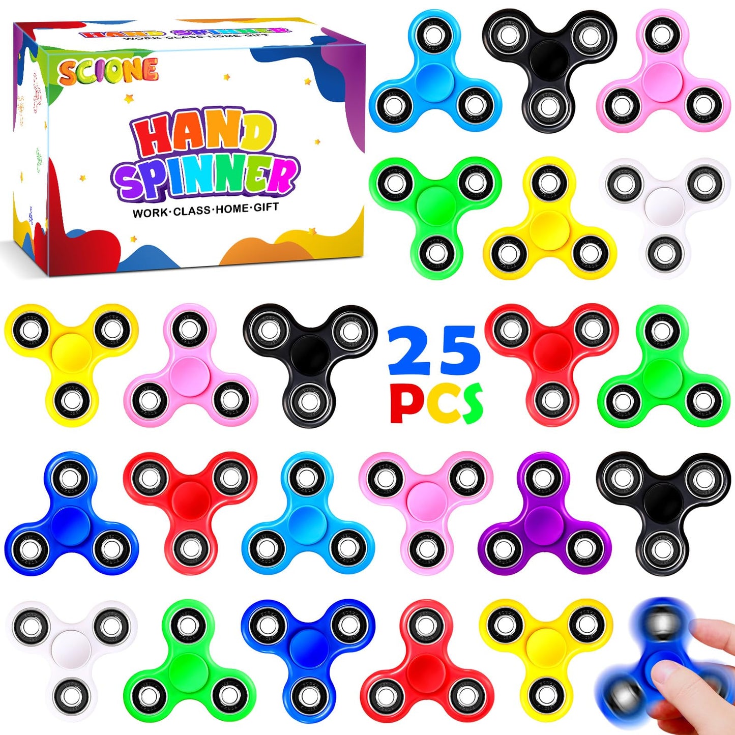 SCIONE 25-Piece Fidget Spinner Color Bundle – Random Colors, Box Included, Ultra-Fast Bearings