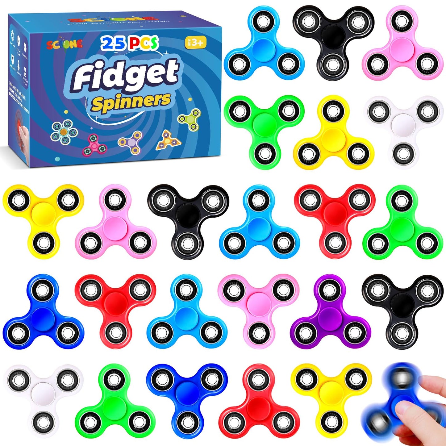 SCIONE Fidget Spinners 25 Pack — Party Favors, Classroom Prizes, Focus Toys