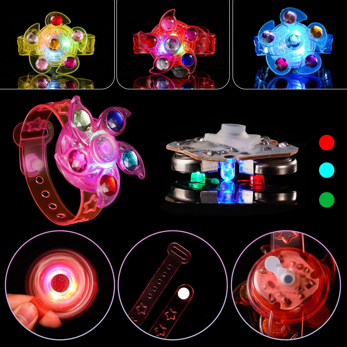 SCIONE 48 Pack LED Light Up Fidget Spinner Bracelets – Glow-in-the-Dark Valentines Party Favors for Kids