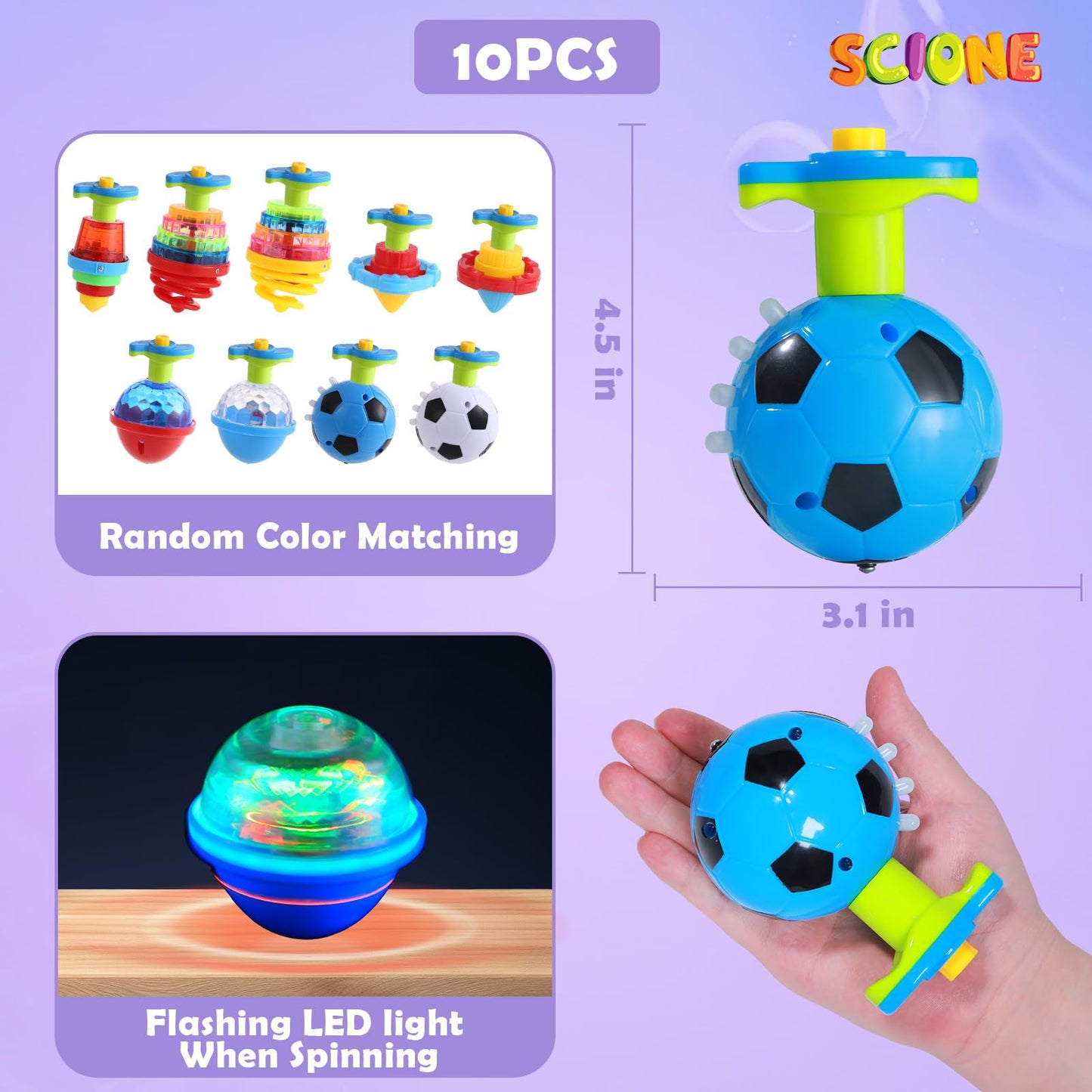 SCIONE LED Light Up Spinning Tops – 10 Pcs Kids Party Favors, Glow-in-the-Dark Toys