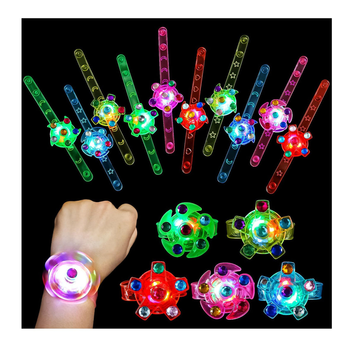 SCIONE 48 Pack LED Light Up Fidget Spinner Bracelets – Glow-in-the-Dark Valentines Party Favors for Kids