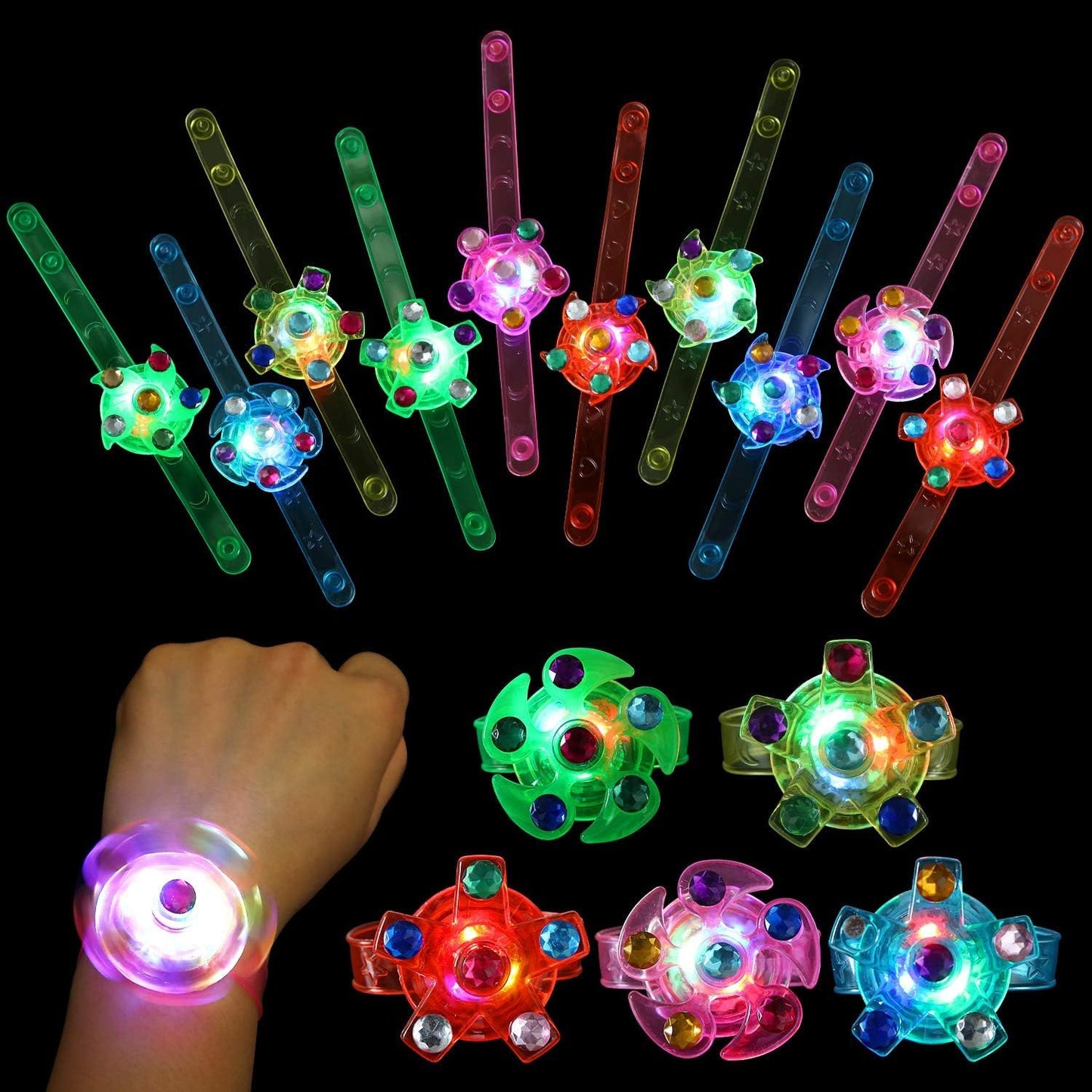 SCIONE 24 Pack LED Light Up Fidget Spinner Bracelets - Glow Party Favors for Kids