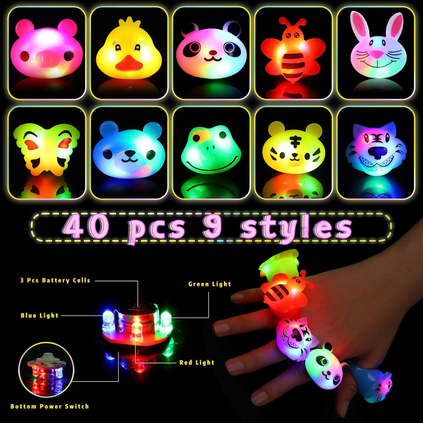 SCIONE 40-Pack Light Up Rings – Glow-in-the-Dark Party Favors for Kids