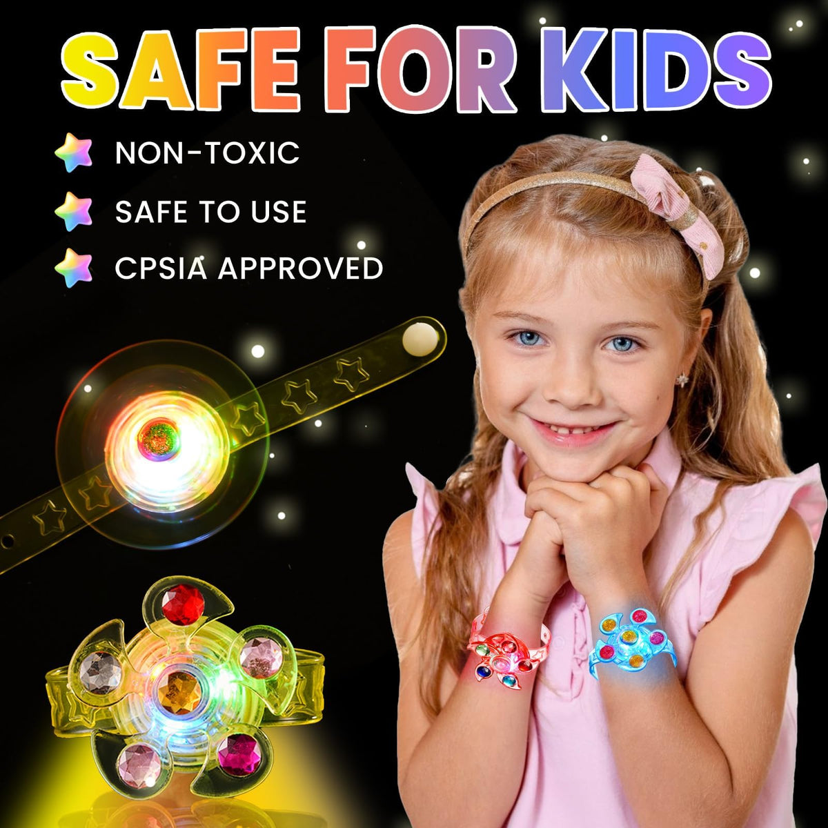 SCIONE 48 Pack LED Light Up Fidget Spinner Bracelets – Glow-in-the-Dark Valentines Party Favors for Kids