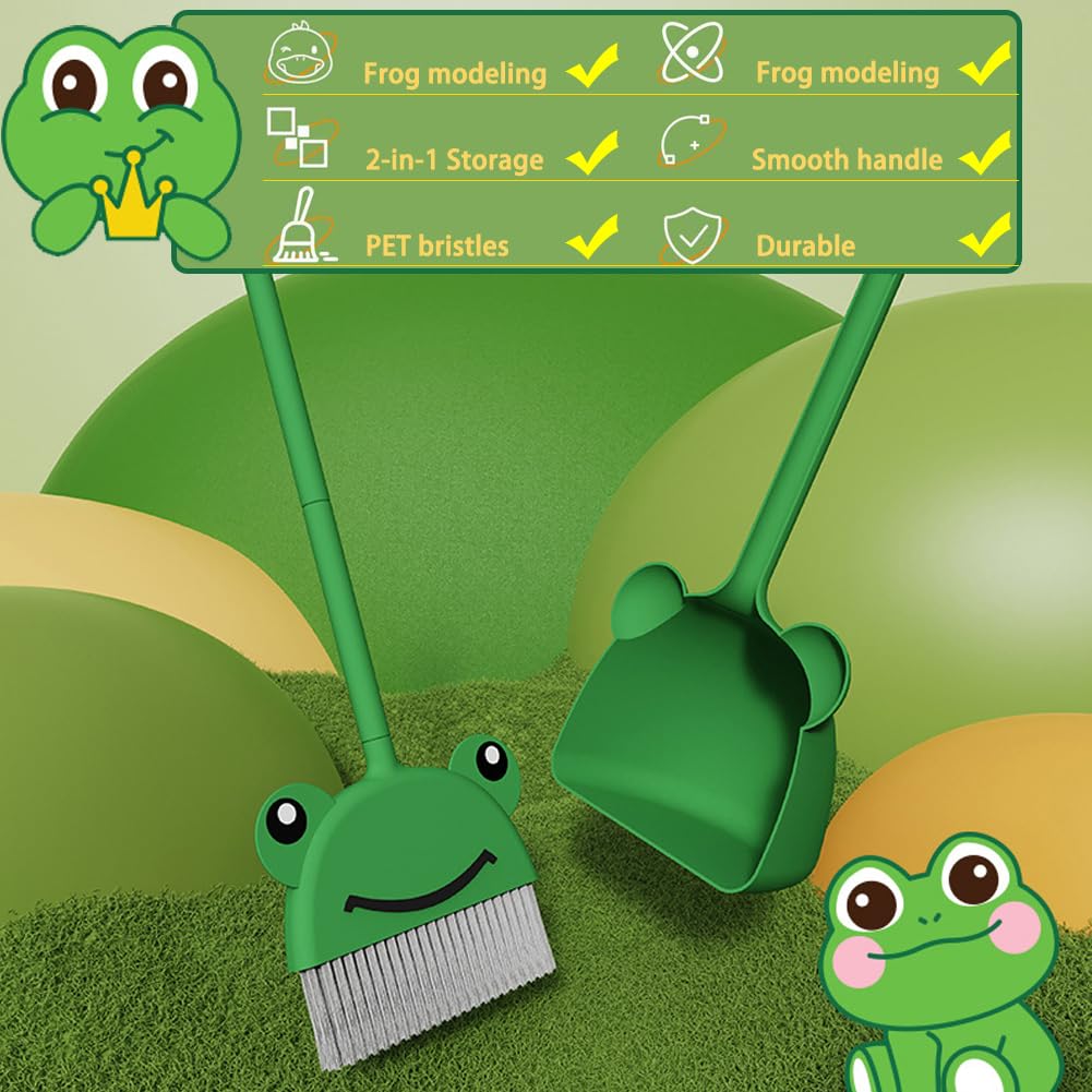 SCKTYZS Mini Broom with Dustpan – Frog Green Kids Cleaning Set for Toddlers