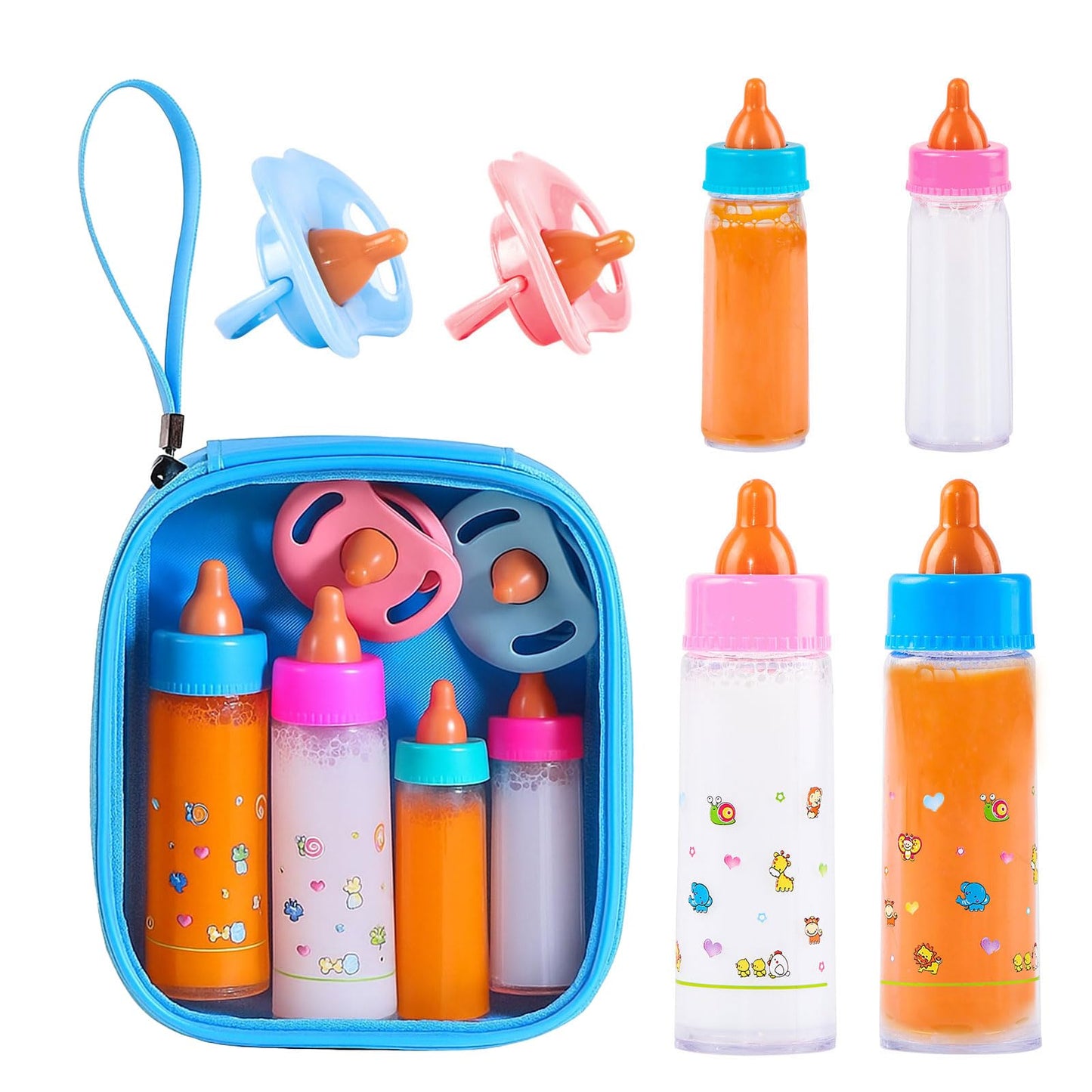 SCOM Baby Doll Bottle Accessories – 6-Piece Feeding Toys with Disappearing Milk & Juice (Blue)