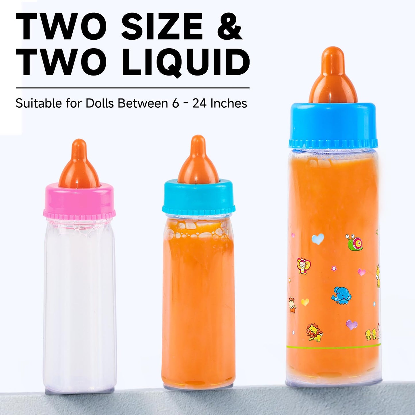 SCOM Baby Doll Bottle Accessories – 6-Piece Feeding Toys with Disappearing Milk & Juice (Blue)
