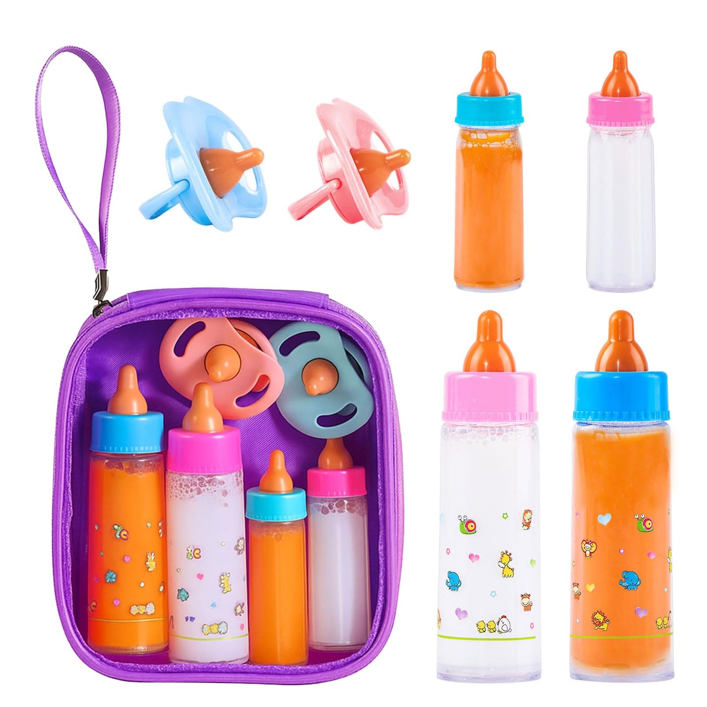 SCOM Baby Doll Bottle Accessories - 6-piece Pretend Play Set with Disappearing Milk and Juice
