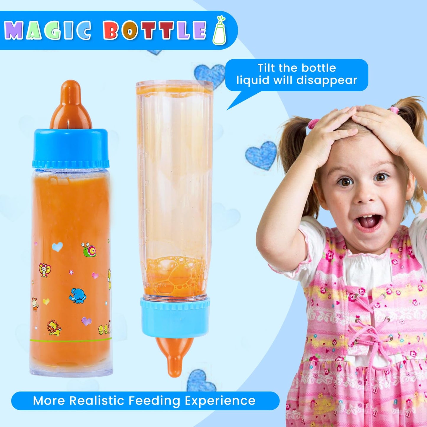 SCOM Baby Doll Bottle Accessories – 6-Piece Feeding Toys with Disappearing Milk & Juice (Blue)