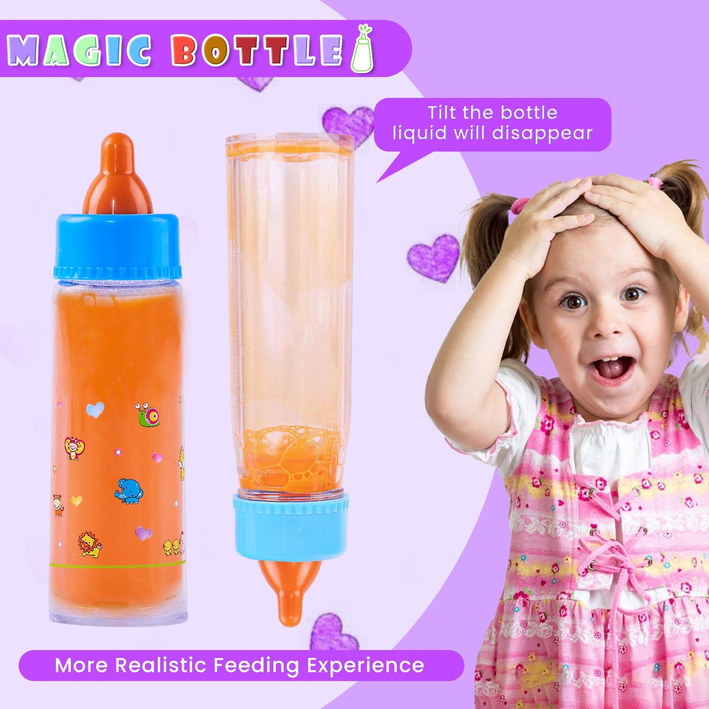SCOM Baby Doll Bottle Accessories - 6-piece Pretend Play Set with Disappearing Milk and Juice
