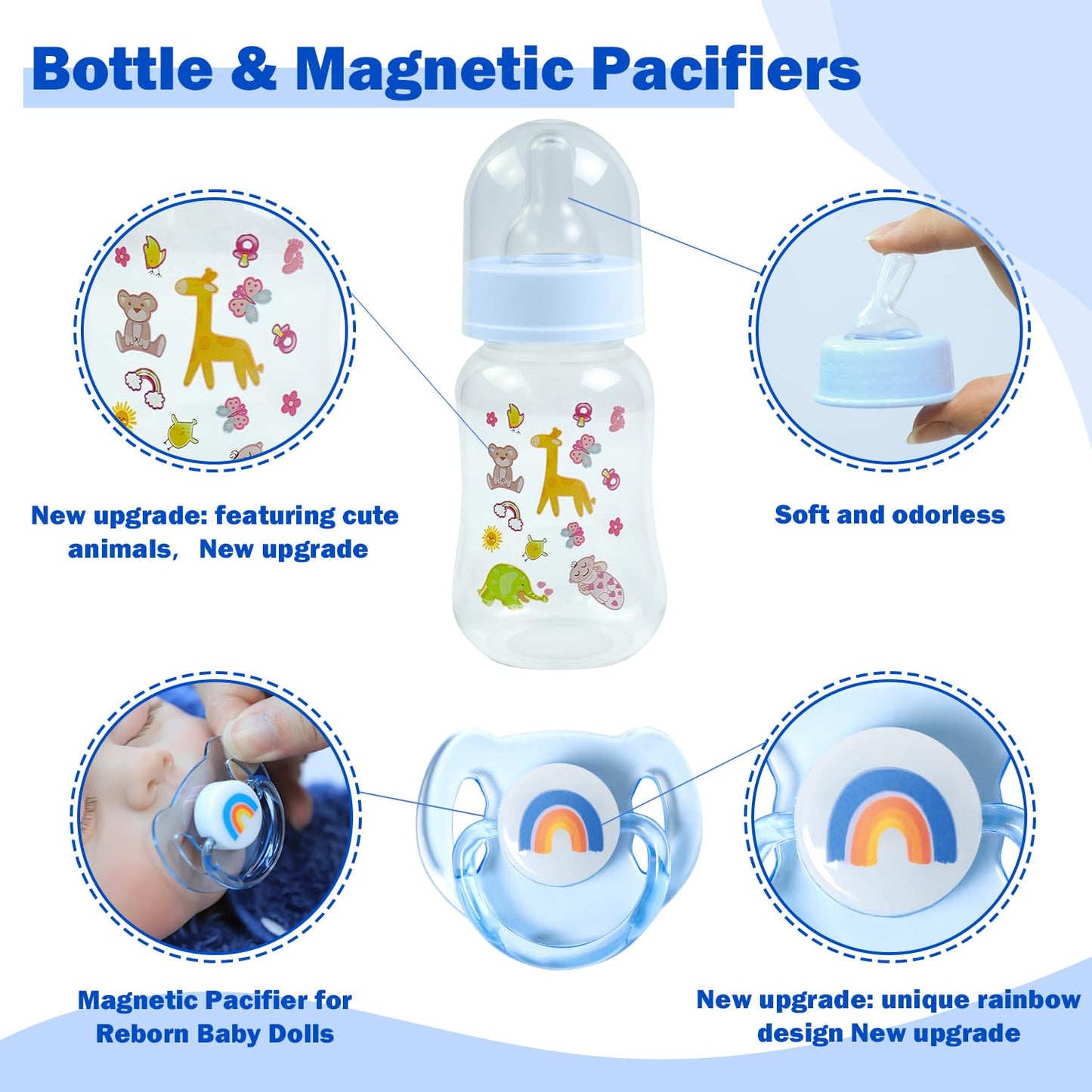 SCOM Reborn Baby Doll Accessories Set – Rainbow Transparent Magnetic Pacifiers & Removable Reusable Doll Bottles (Blue, 3 Pcs)