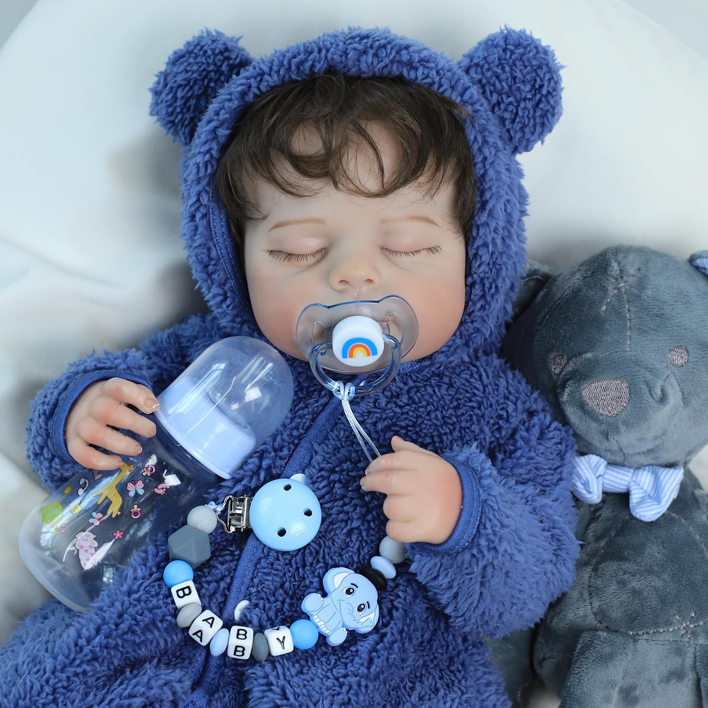 SCOM Reborn Baby Doll Accessories Set – Rainbow Transparent Magnetic Pacifiers & Removable Reusable Doll Bottles (Blue, 3 Pcs)
