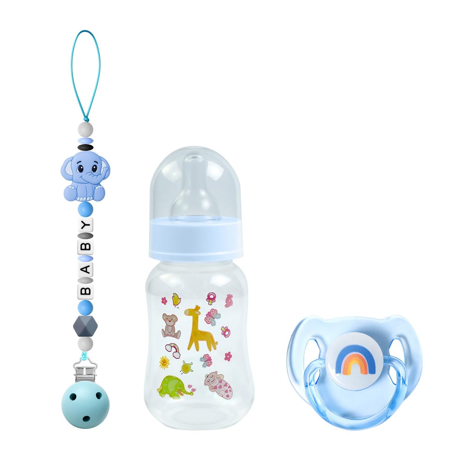 SCOM Reborn Baby Doll Accessories Set – Rainbow Transparent Magnetic Pacifiers & Removable Reusable Doll Bottles (Blue, 3 Pcs)