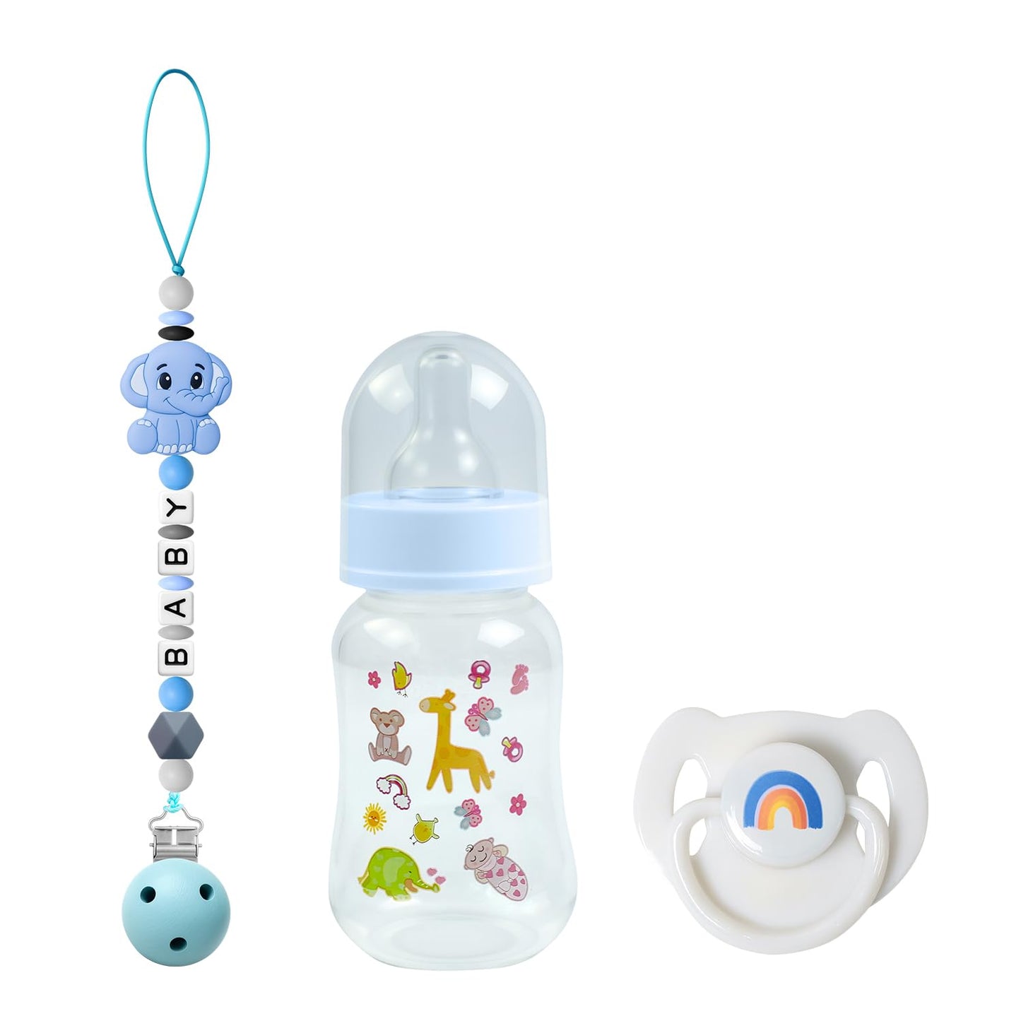 SCOM Reborn Baby Doll Accessories Set – Rainbow Pacifiers & Reusable Bottles (Blue, 3 Pcs)