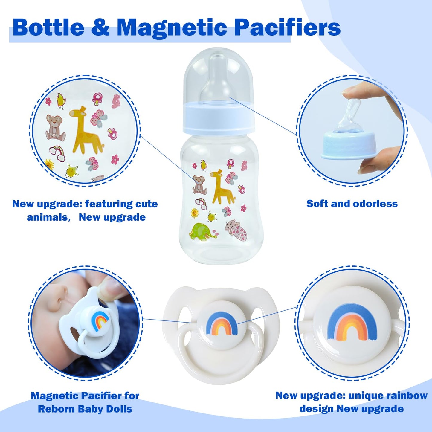 SCOM Reborn Baby Doll Accessories Set – Rainbow Pacifiers & Reusable Bottles (Blue, 3 Pcs)
