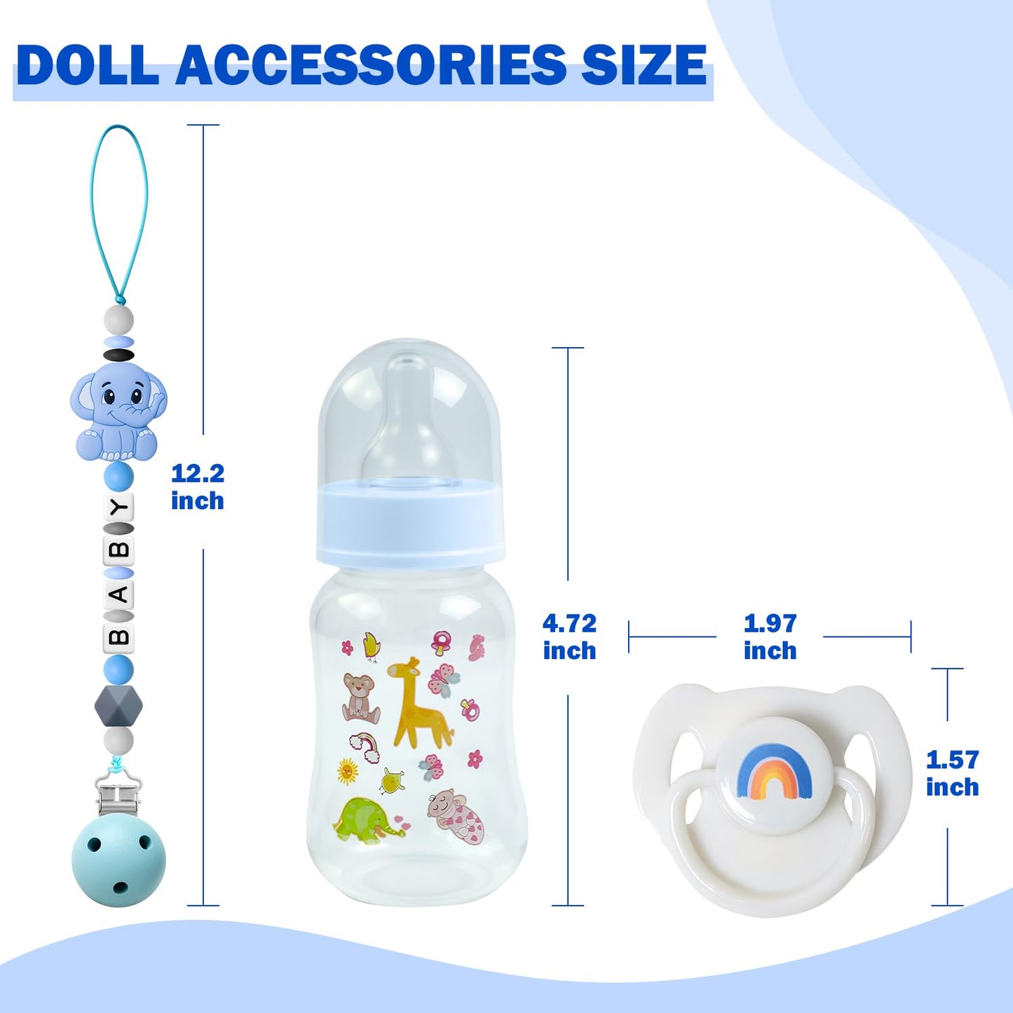 SCOM Reborn Baby Doll Accessories Set – Rainbow Pacifiers & Reusable Bottles (Blue, 3 Pcs)