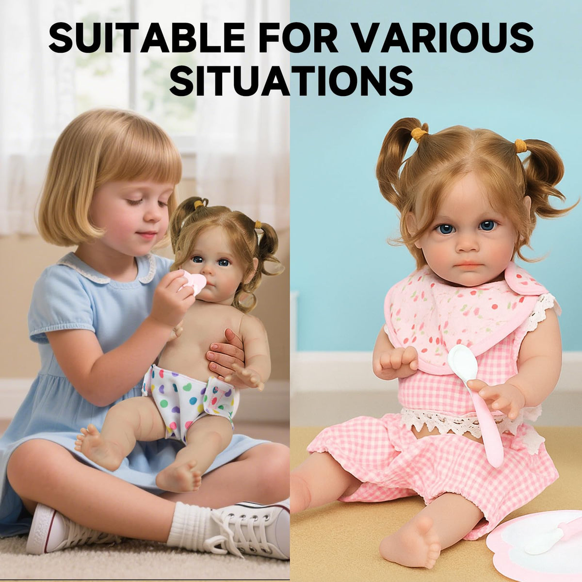 SCOM Reborn Baby Doll Accessories - 10-Piece Feeding Set with Magic Disappearing Bottle, Diapers, Pacifier, Bib & Tableware