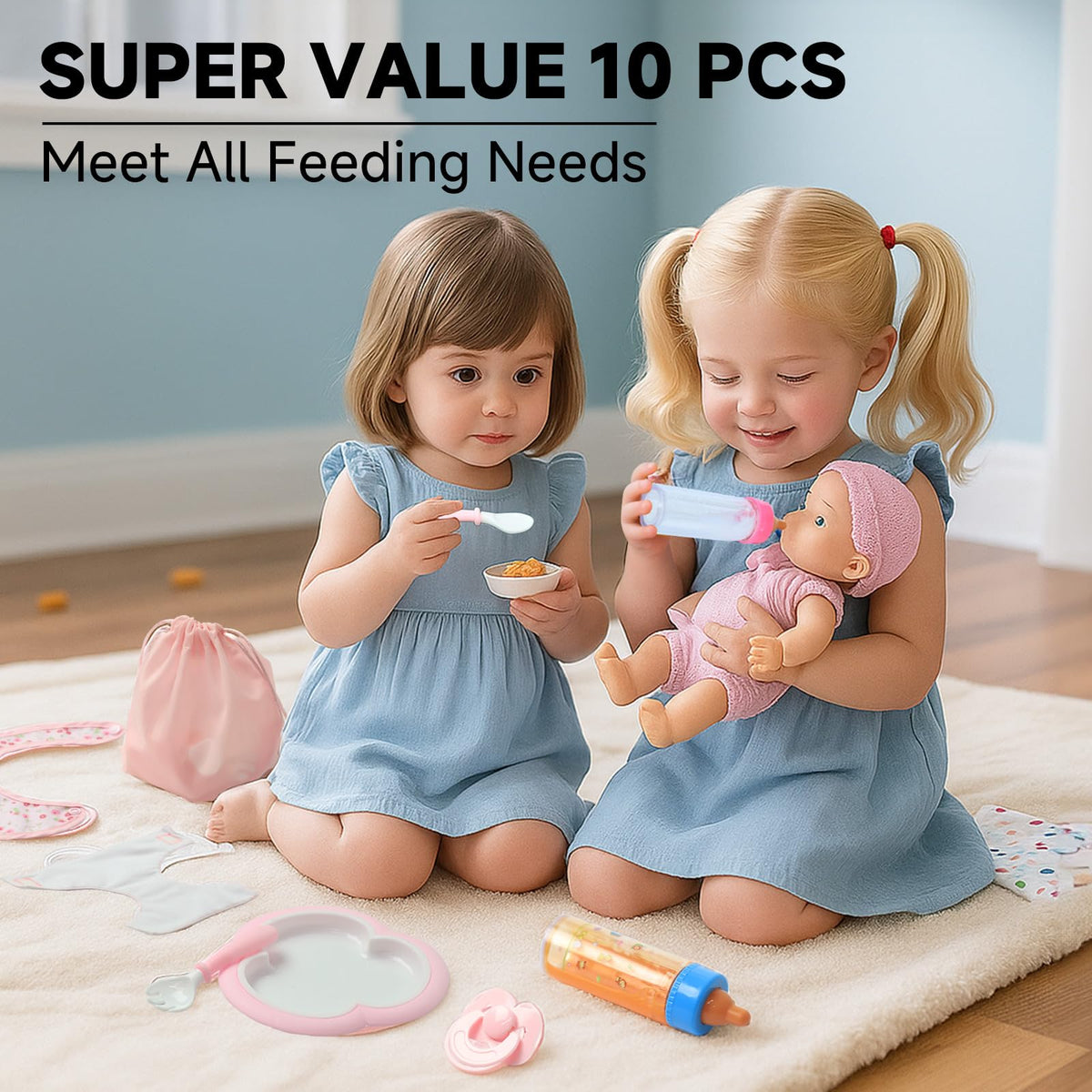 SCOM Reborn Baby Doll Accessories - 10-Piece Feeding Set with Magic Disappearing Bottle, Diapers, Pacifier, Bib & Tableware
