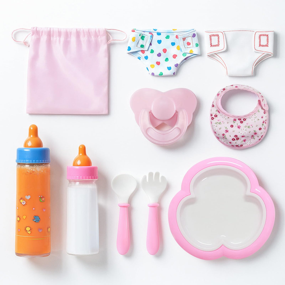 SCOM Reborn Baby Doll Accessories - 10-Piece Feeding Set with Magic Disappearing Bottle, Diapers, Pacifier, Bib & Tableware