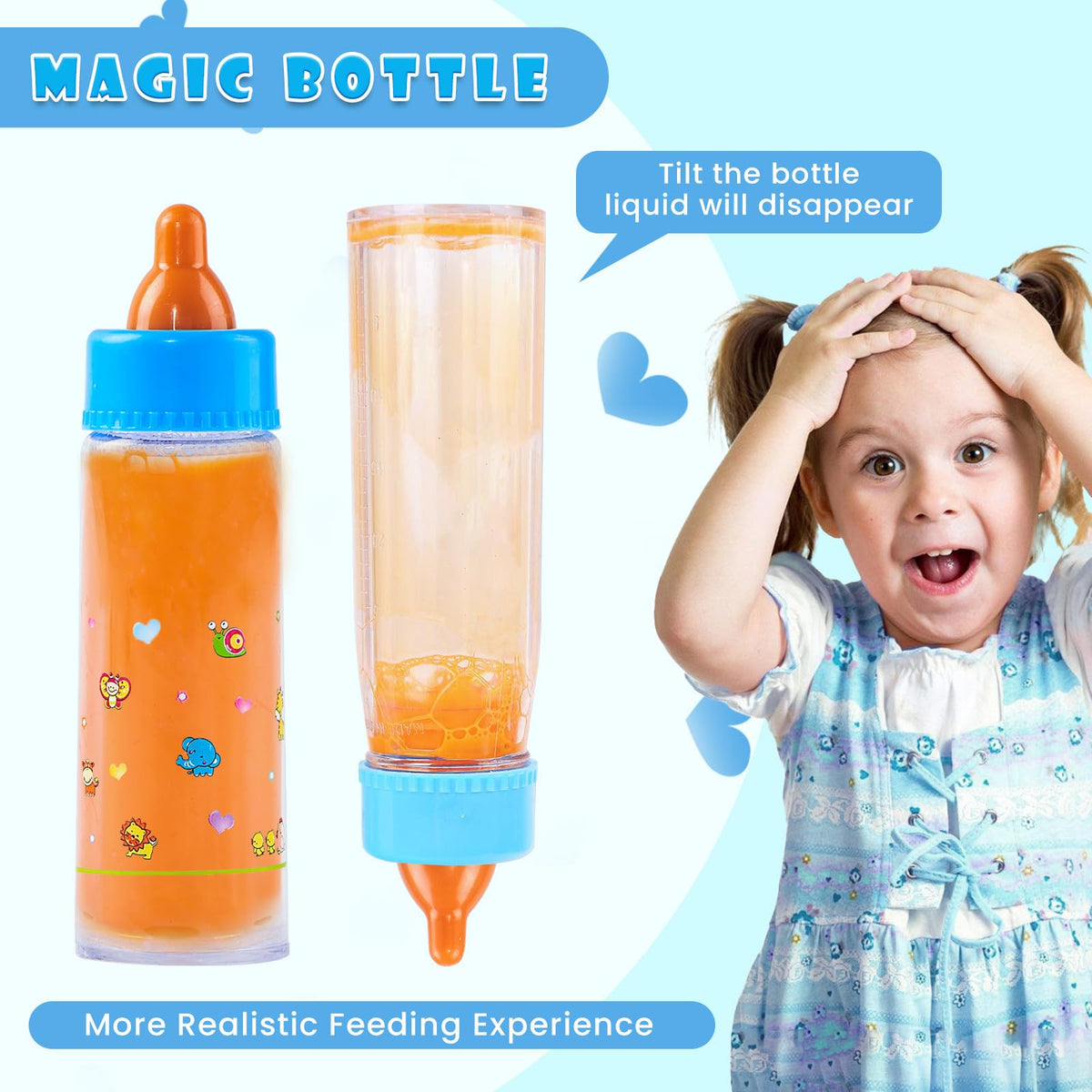 SCOM Reborn Baby Doll Accessories - 10-Piece Feeding Set with Magic Disappearing Bottle, Diapers, Pacifier, Bib & Tableware