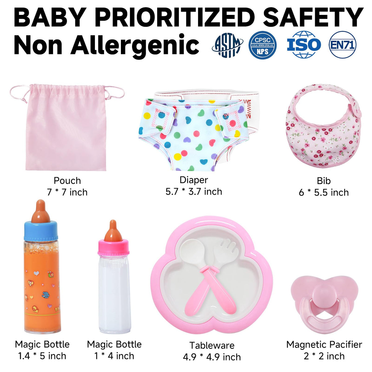 SCOM Reborn Baby Doll Accessories - 10-Piece Feeding Set with Magic Disappearing Bottle, Diapers, Pacifier, Bib & Tableware