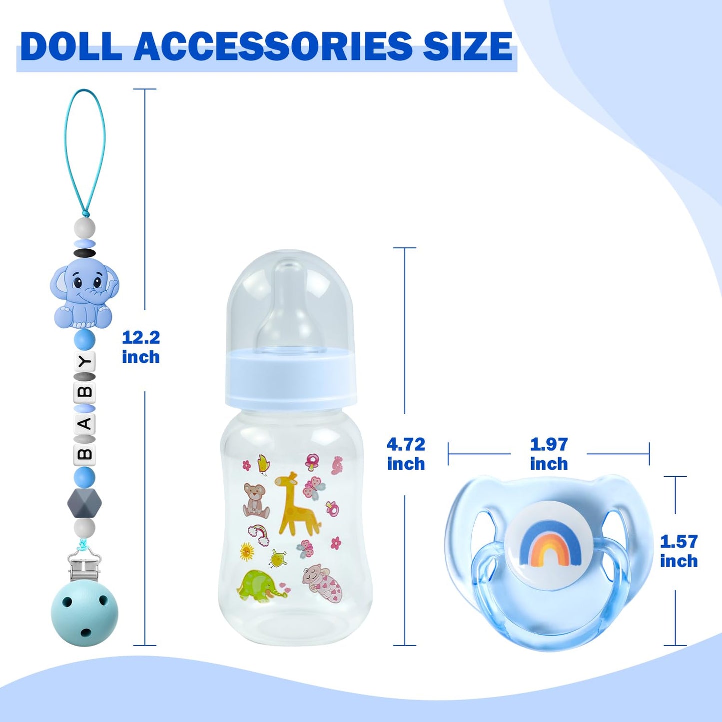 SCOM Reborn Baby Doll Accessories Set – Rainbow Transparent Magnetic Pacifiers & Removable Reusable Doll Bottles (Blue, 3 Pcs)