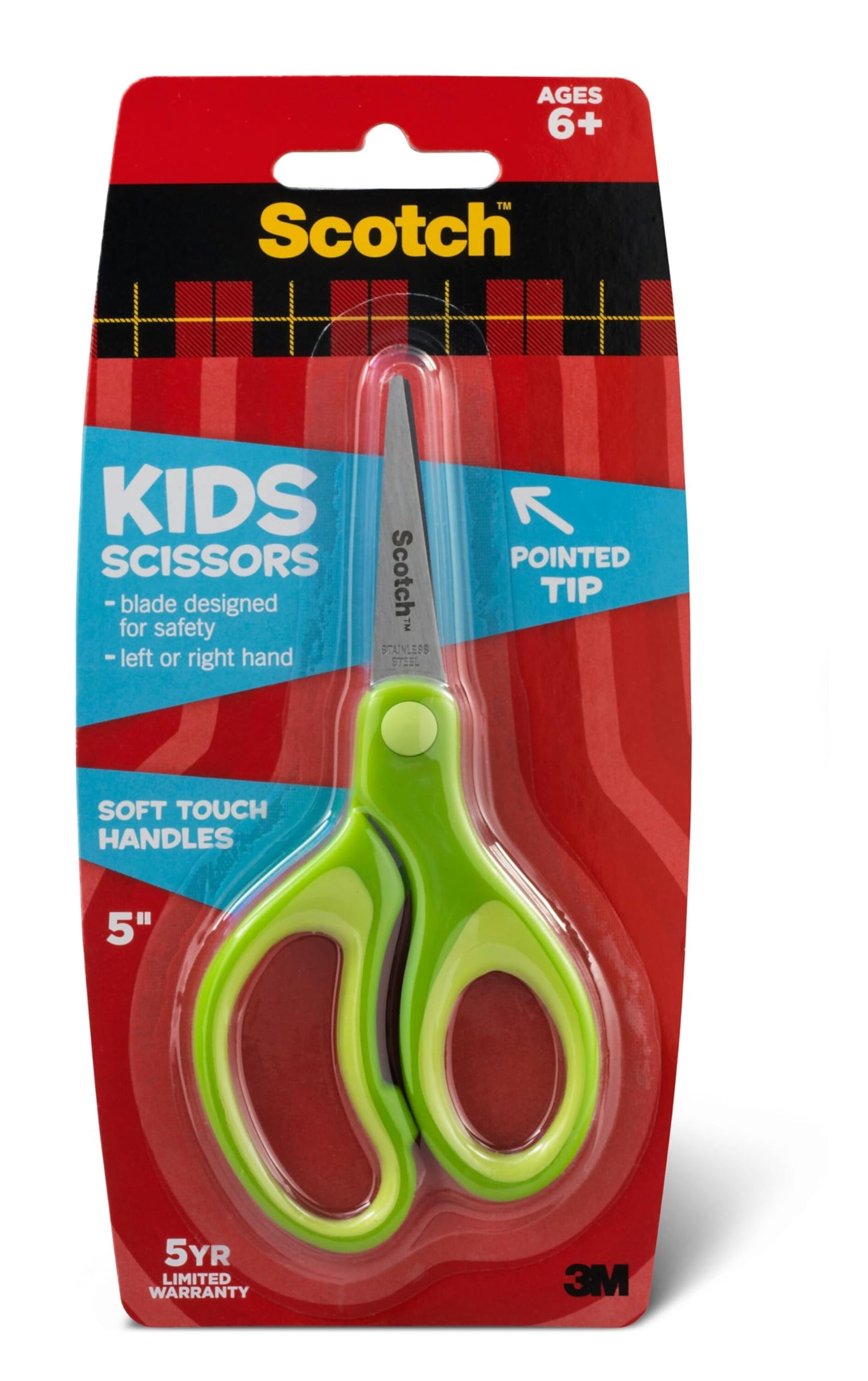 Scotch Kids Pointed Tip Scissors with Soft Touch, 5 Inches (1442P) – Ambidextrous, Safe Classroom Crafting