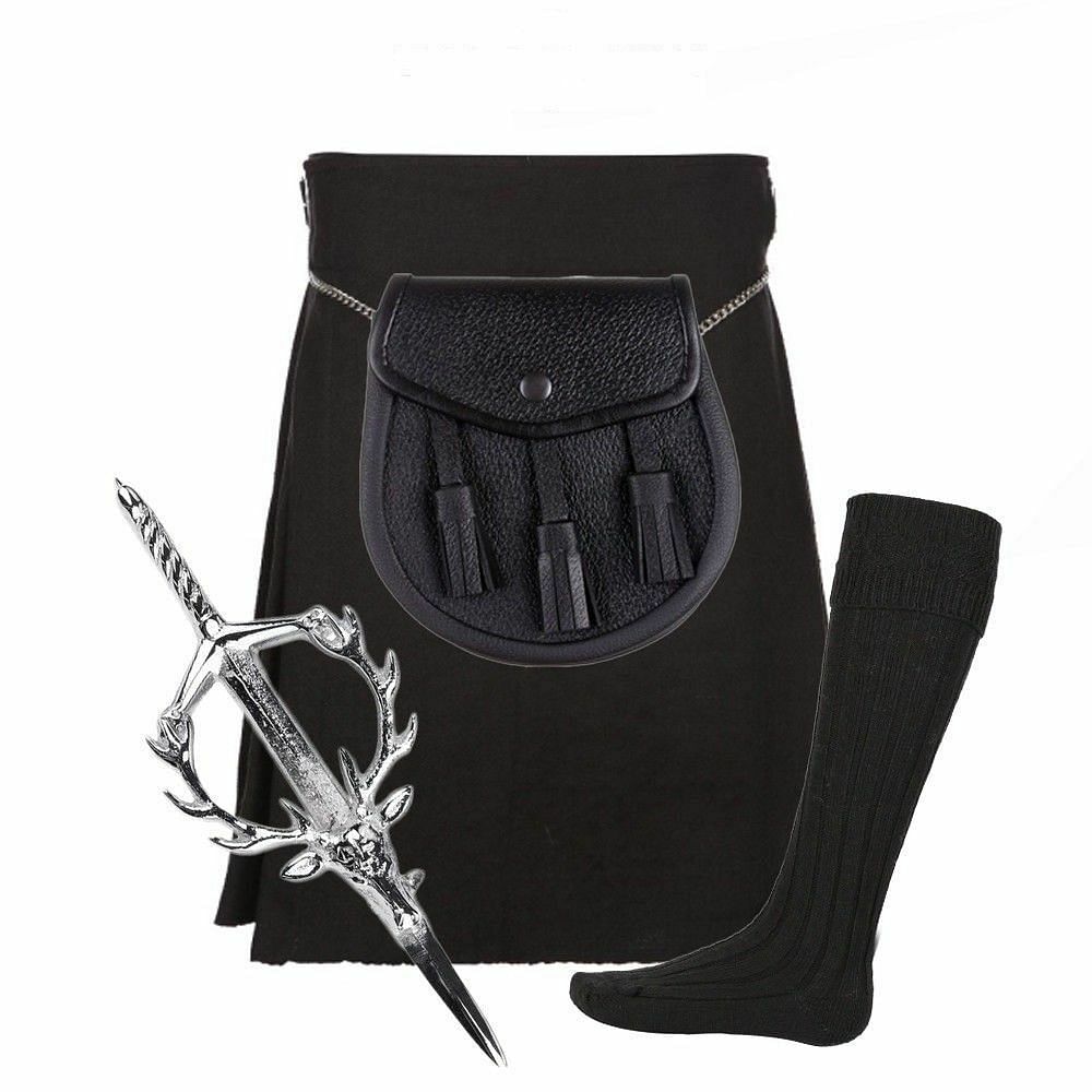 Scottish Black 5 Yard Highland Tartan Kilt set sporran pin hose