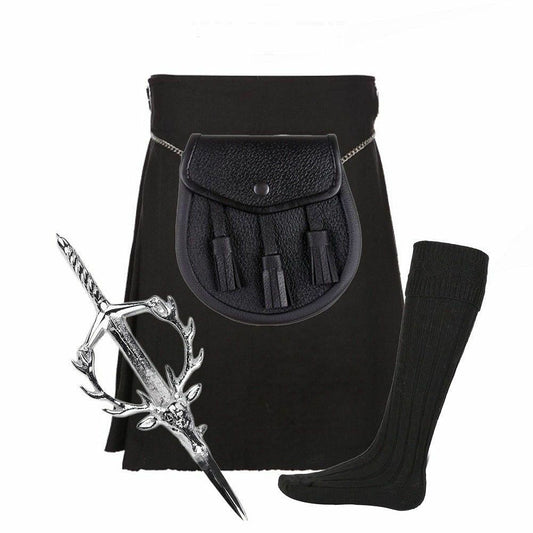 Scottish Black 5 Yard Highland Tartan Kilt set sporran pin hose