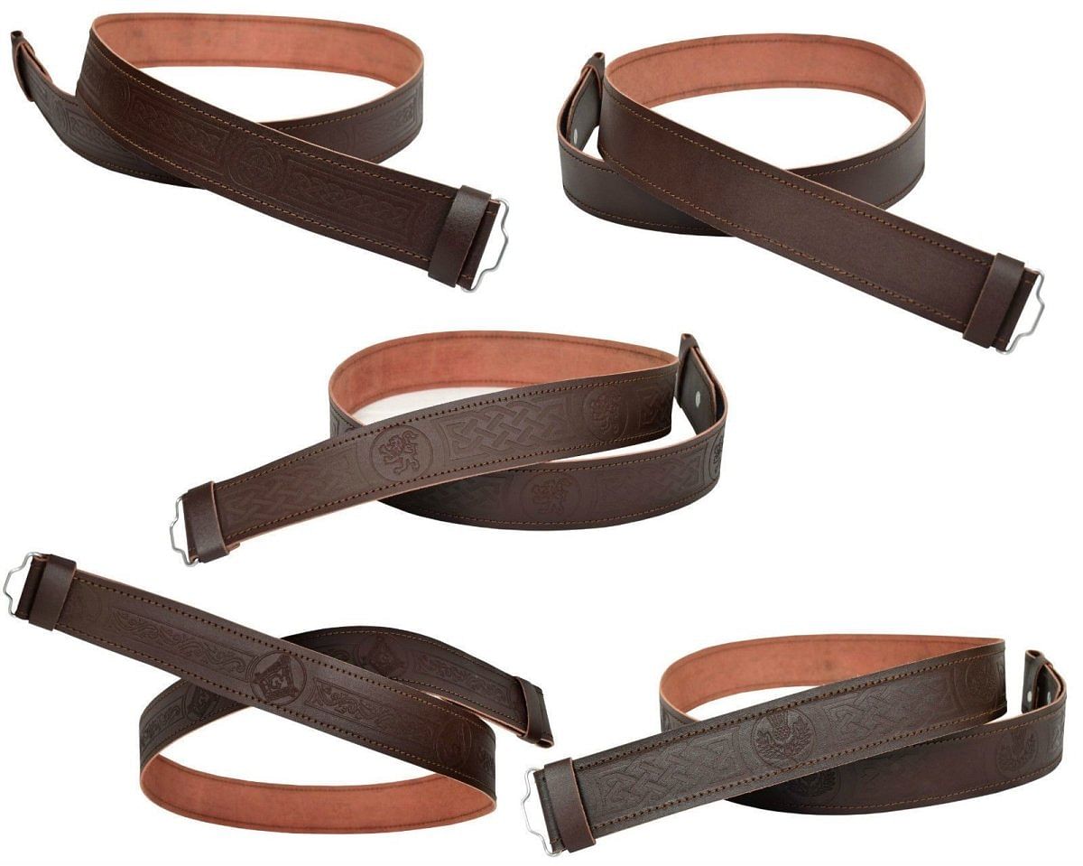 Scottish Brown Leather Belt Masonic,Thistle,Lion Rampart, Celtic & Plain Kilt Belts