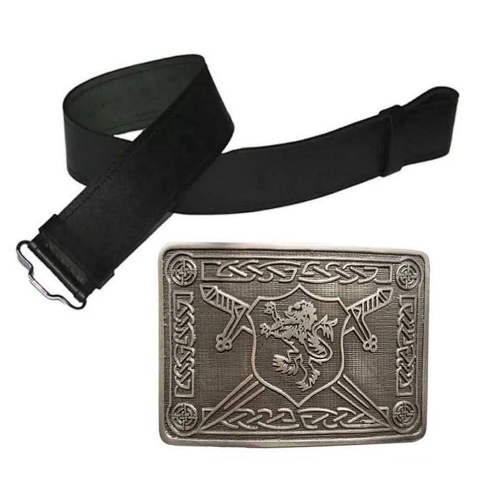 Scottish Highland Black Leather Plain Kilt Belt With Antique Rampant Lion Buckle