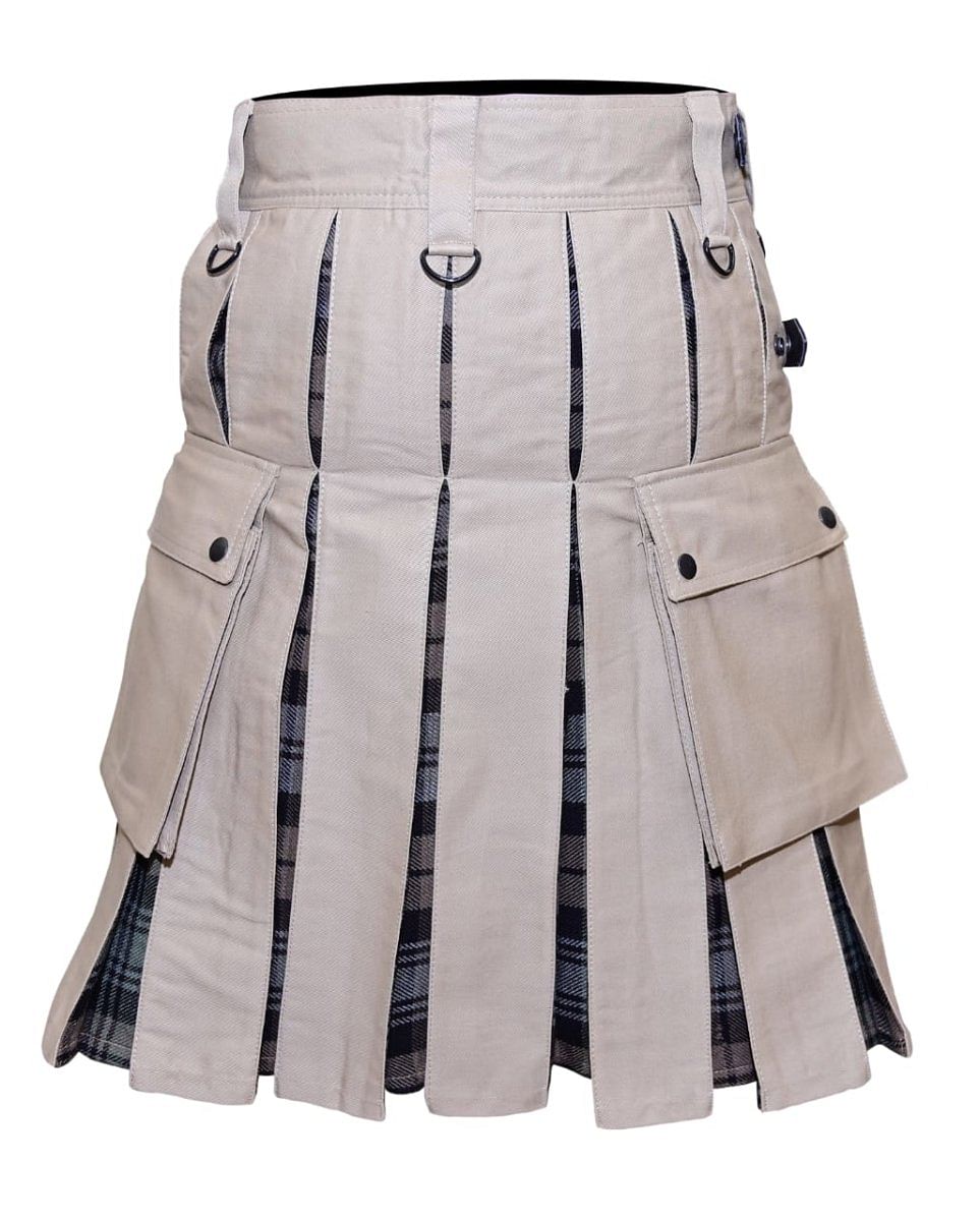 Scottish Men 100% Cotton Fashion Beige & Black Watch Weathered Tartan Hybrid Kilt Men